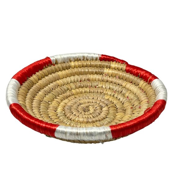 Handwoven Straw Coil Basket Bowl Red White Accents Exuma 9 Inch - Picture 2 of 6